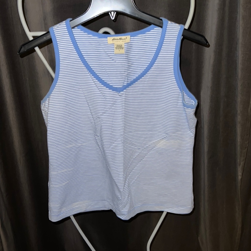 Eddie Bauer women’s tank shirt pinstriped baby blue not worn l